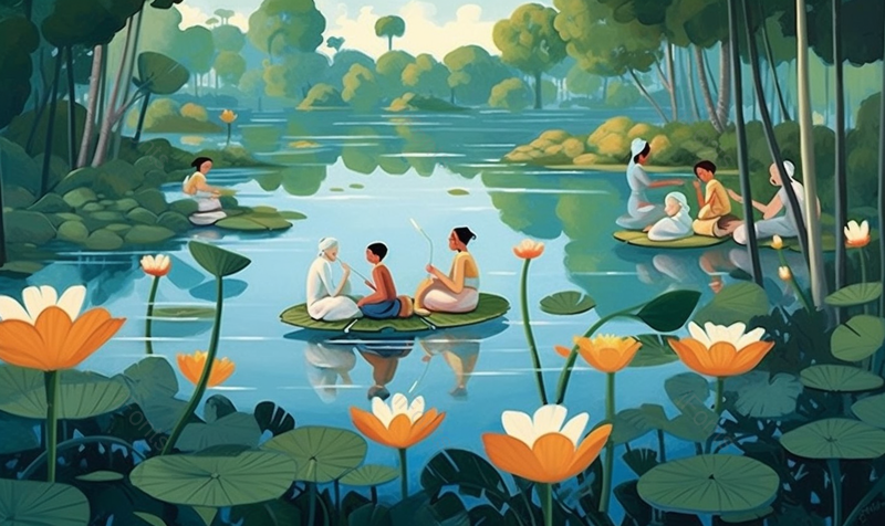 绿色户外的夏天池塘荷叶荷花和人群插画,插画/手绘图,插画/手绘图库,插画/手绘图下载,插画/手绘